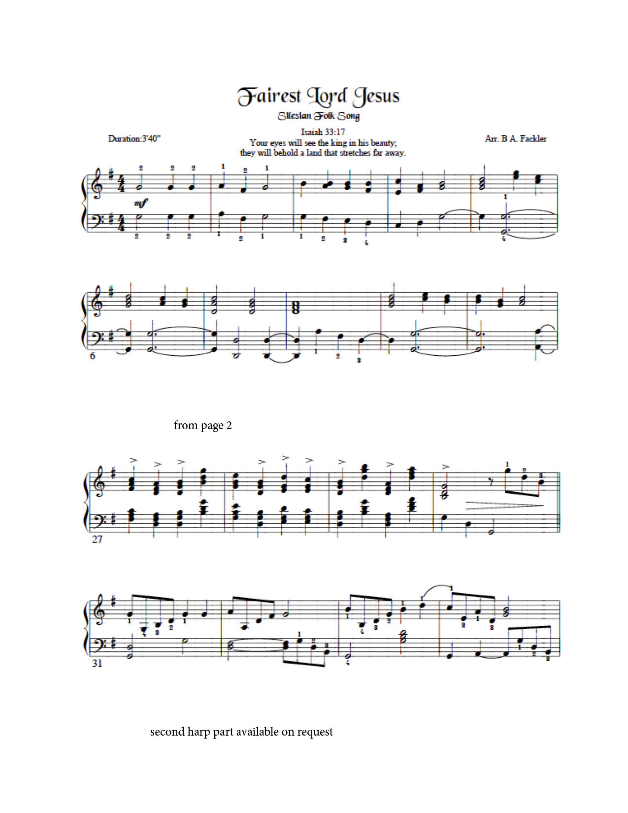 sheet music PDF ~ Fairest Lord Jesus for intermediate lever harp solo